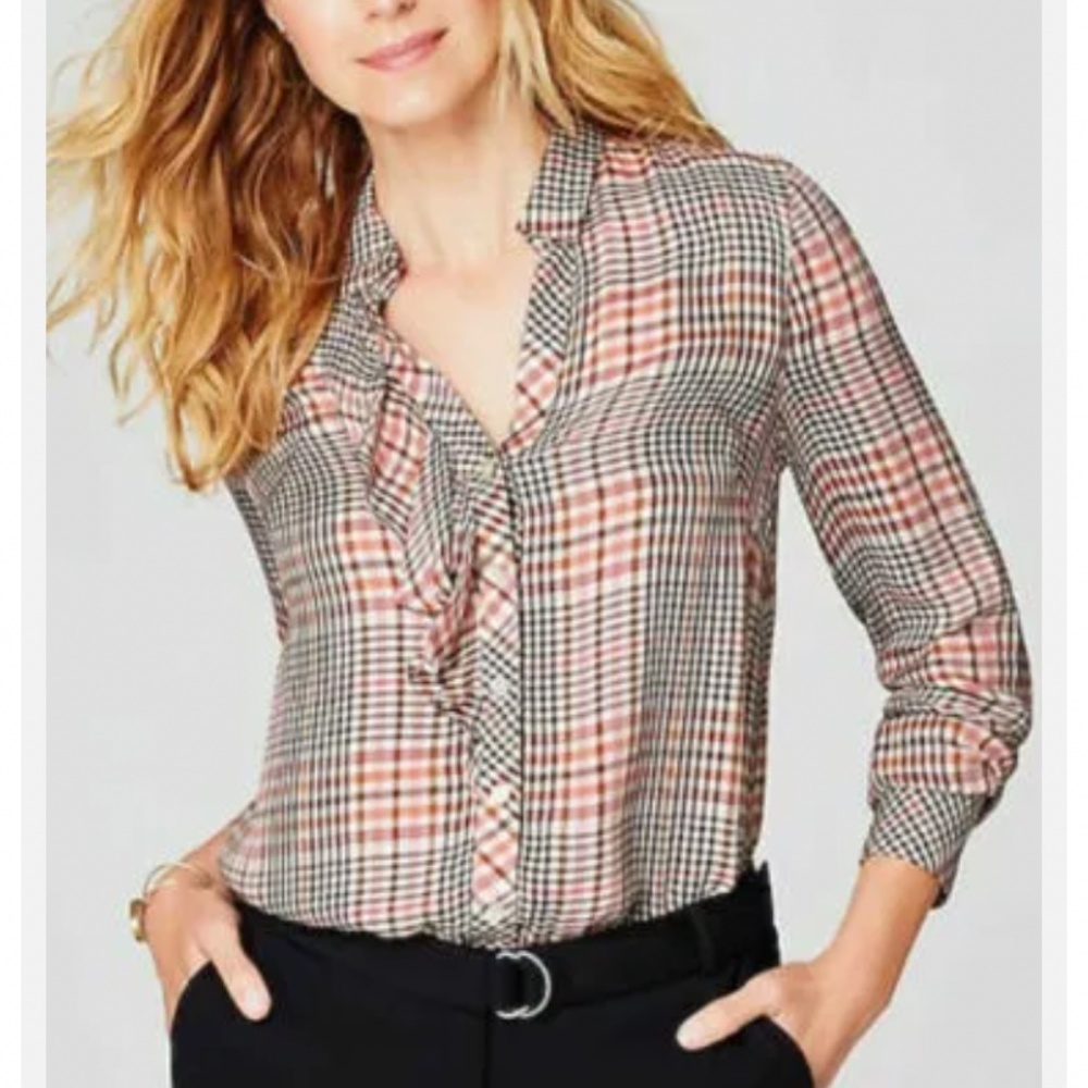 J jill tea rise button front ruffle blouse. Never worn. Retail 89